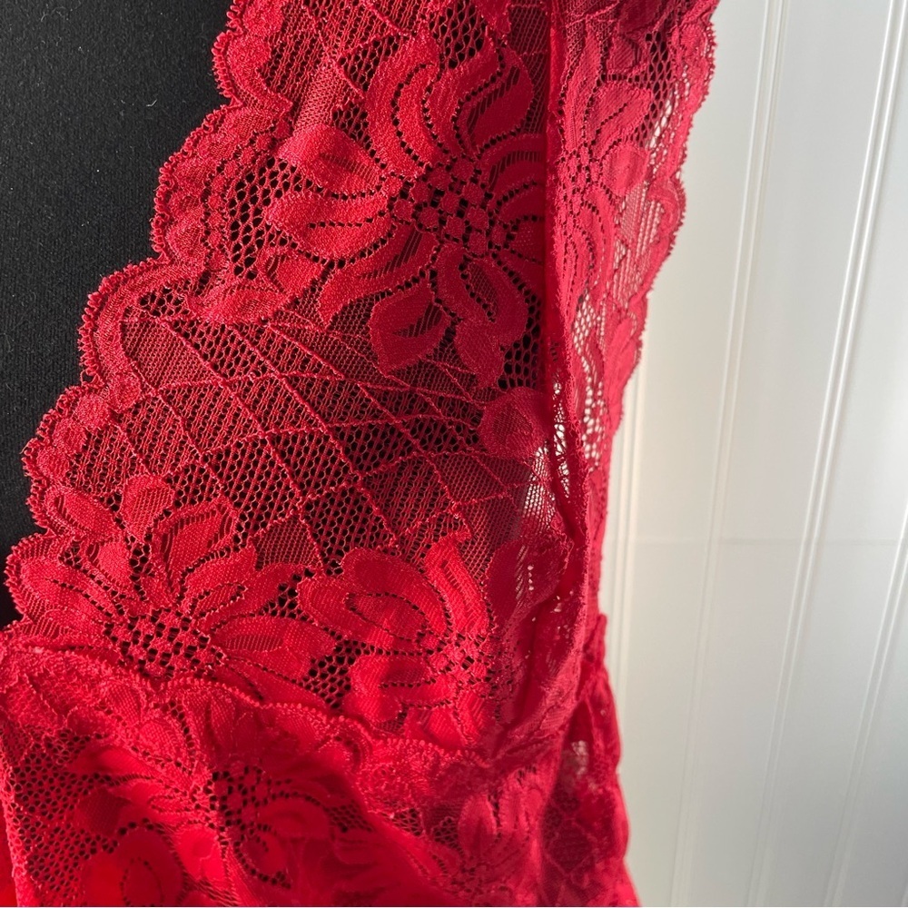 Fredericks of Hollywood Red Sheer Floral Lace Halter Chemise 2X Scalloped Edge - Picture 2 of 9